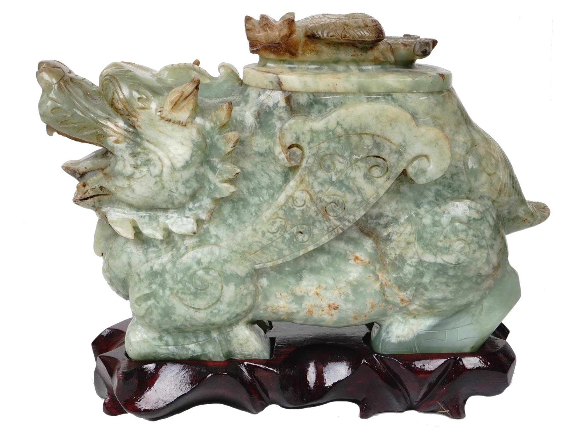 ANTIQUE 19TH C. ASIAN CARVED JADE DRAGON BOX PIC-2